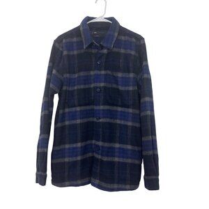 ASOS Design Mens Navy & Gray Plaid Button-Up Flannel Shirt Jackets Size Small